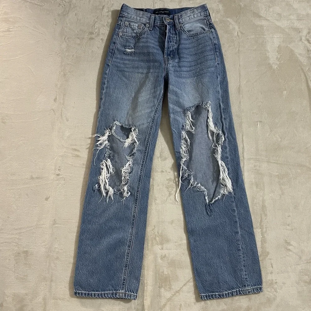 Aeropostale Jeans Womens Size 000 90s Baggy Blue Denim Medium Wash‎ Button Fly